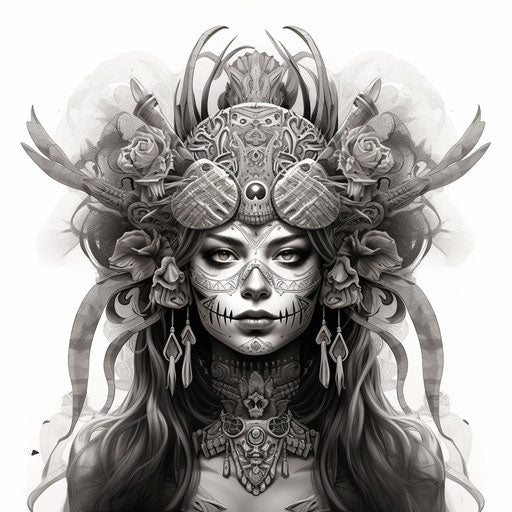The skull girl, detailed monochrome style, traditional Mexican style, Mexican folklore-inspired, gray