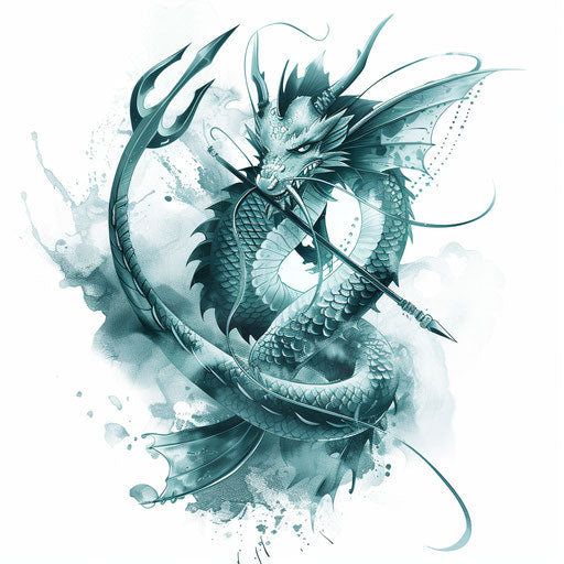 Mythical sea dragon coiled around a trident tattoo design