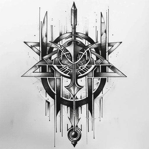 Dynamic sketch of a power sigil with bold, angular geometric patterns