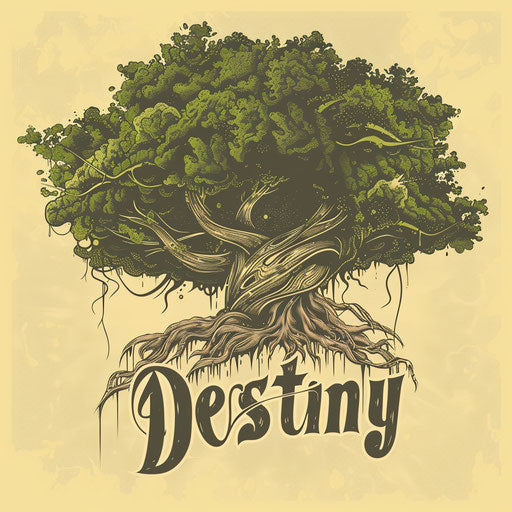Symbolic tree forming the word 'Destiny' in tattoo