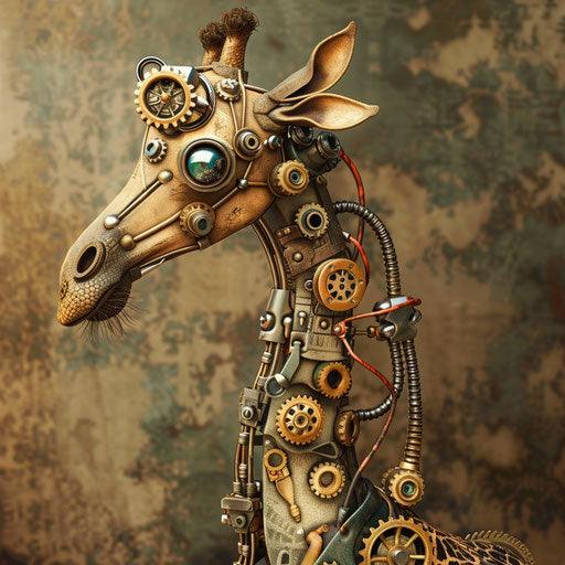 A steampunk giraffe with mechanical enhancements and gears