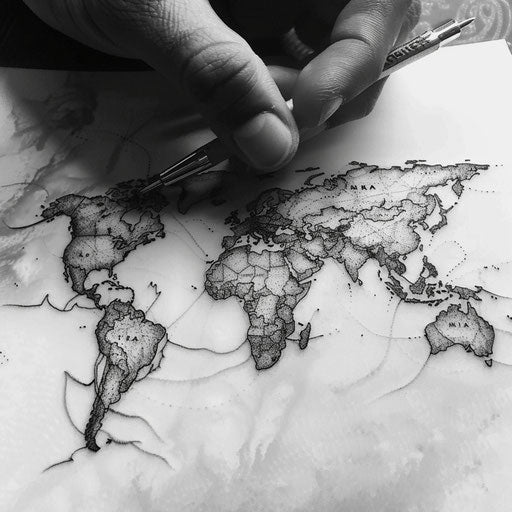 Flat tattoo sketch of a micro realism partial world map with fine lines