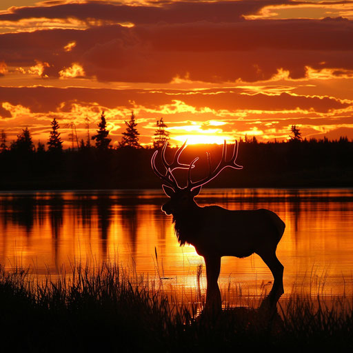 Elk against fiery sunset at tranquil lake's edge