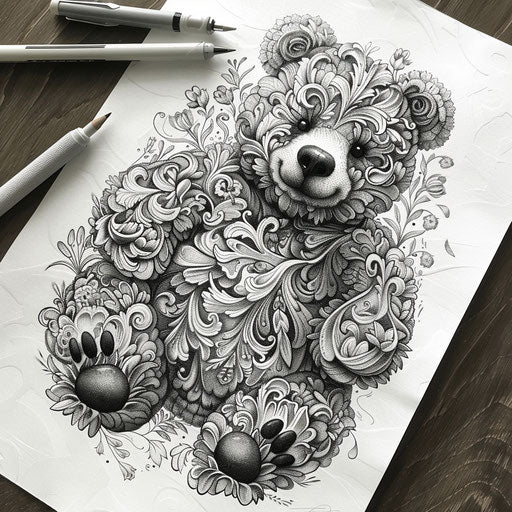 Black and grey teddy bear tattoo design on white paper