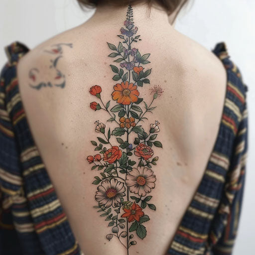 Floral spine tattoo for women in Maria Sibylla Merian style