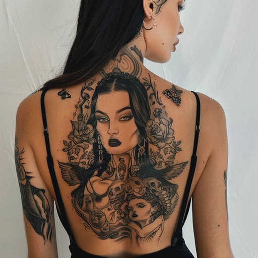 Feminine tattoos with mystical themes, in the style of David Palumbo