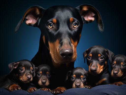 Black doberman holding its 4 puppies in controlled chaos