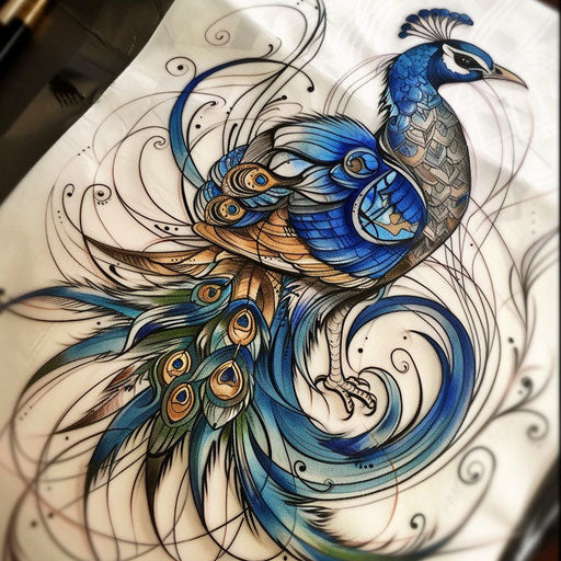 Stylized peacock tattoo with Art Nouveau influences