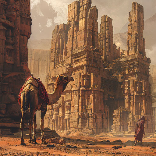 Camel standing guard over ancient civilization ruins