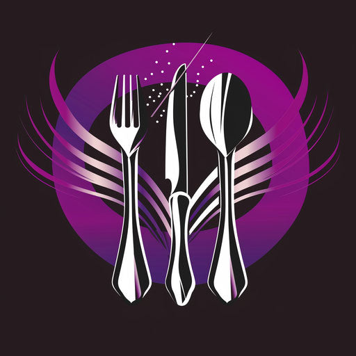 Restaurant logo in purple and silver with bold background