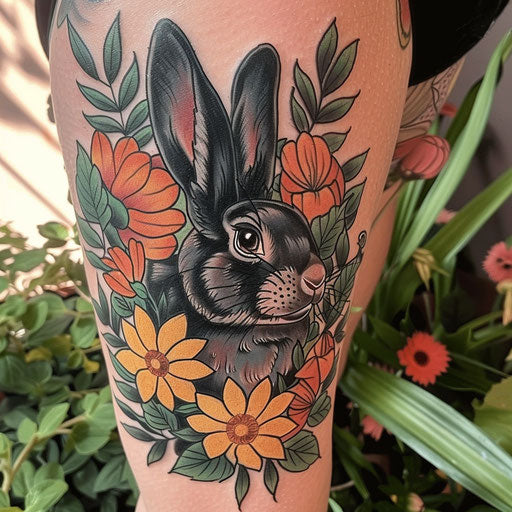 Dynamic tattoo sketch of a black rabbit surrounded by spring flowers
