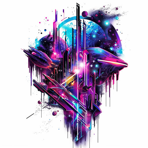 Cyberpunk galaxy tattoo design with neon lights and futuristic space themes