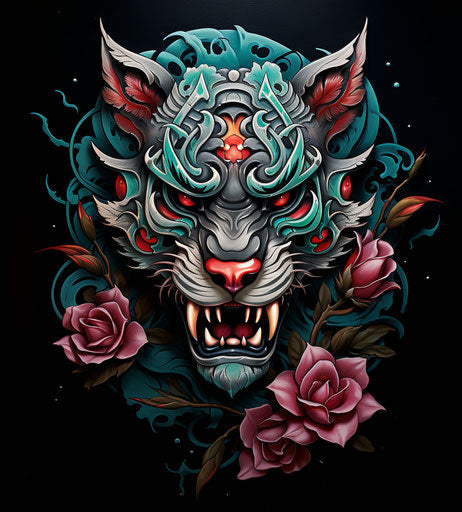 Tiger tattoo with stylized skull and roses, Dayak art