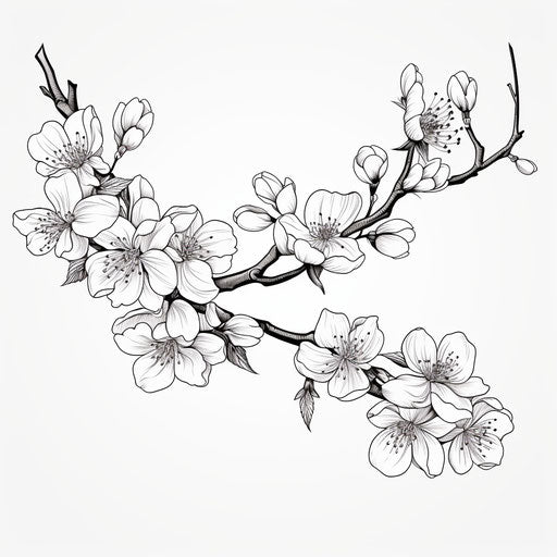 Black and white cartoon illustration of blooming tree branch