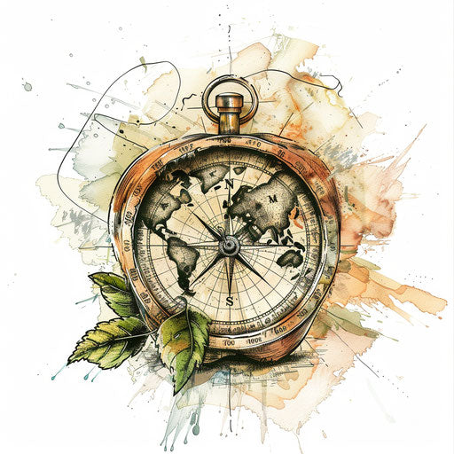 Adventurous tattoo sketch of an apple with a map and compas