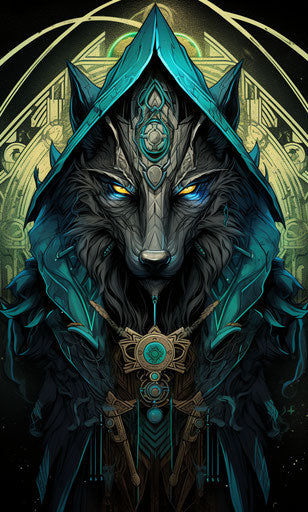 Black wolf tattoo design, ancient Egypt style, colorful caricature