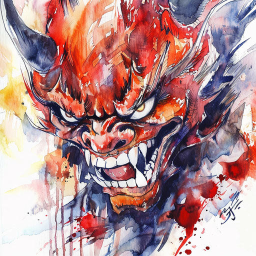 Roaring oni demon in dynamic watercolor on white paper