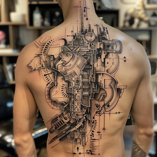 Tattoo symbols with cyberpunk motifs, in the style of Adrian Smith