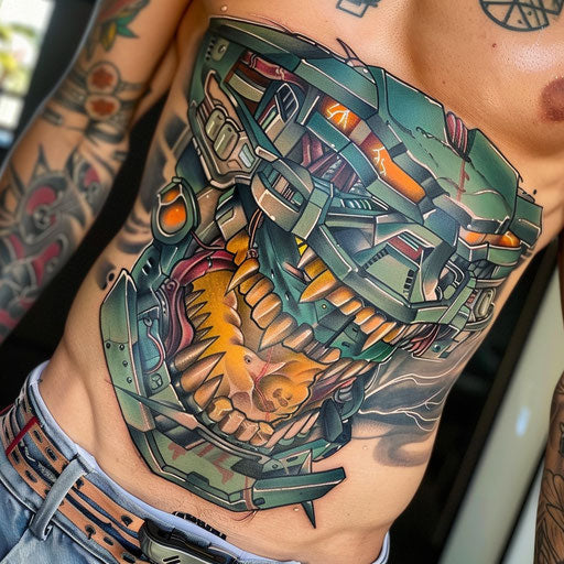 Men's stomach tattoos of a futuristic robot