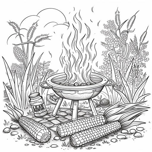 Grilled corn on barbecue, detailed illustration, coloring book page