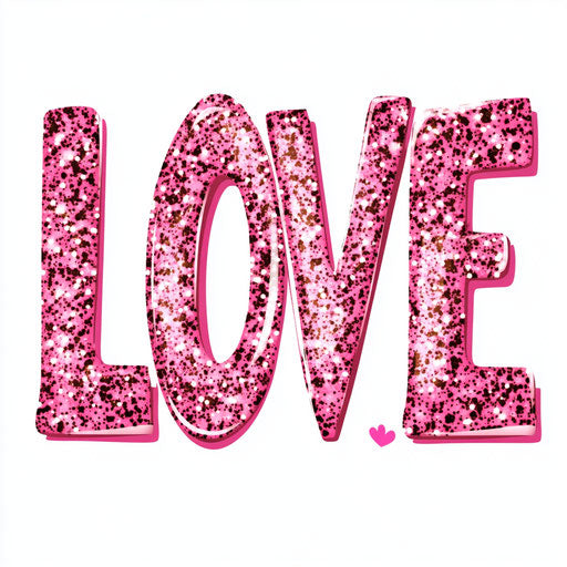 Pink leopard print, glitter, and sparkling pink text "LOVE" with heart clipart in a cartoon style on white background