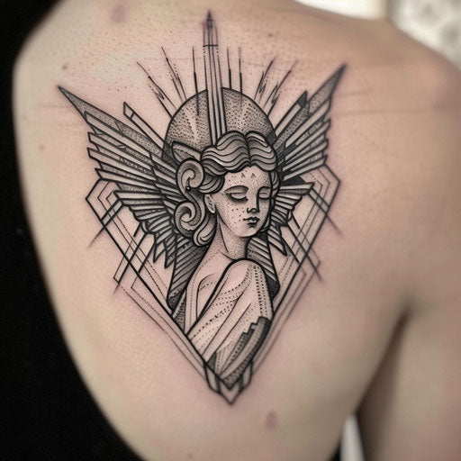 Elegant Art Deco guardian angel tattoo on white background