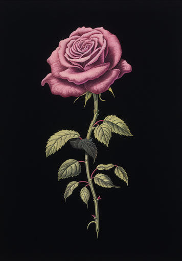 Pink rose embroidery in the style of Herb Trimpe and Chris Van Allsburg, purple and emerald lithograph