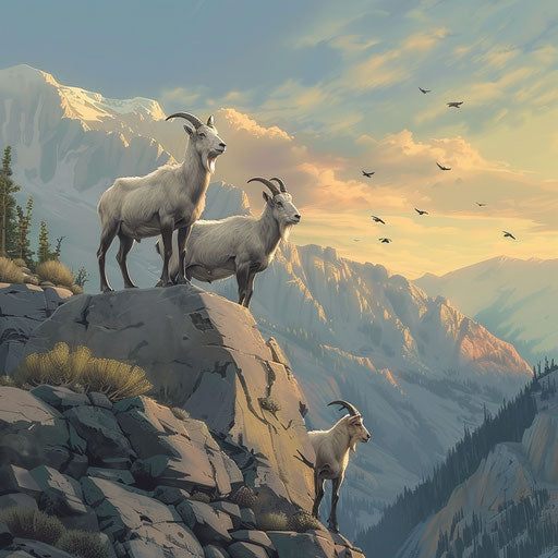 Mountain goats in a serene morning scene