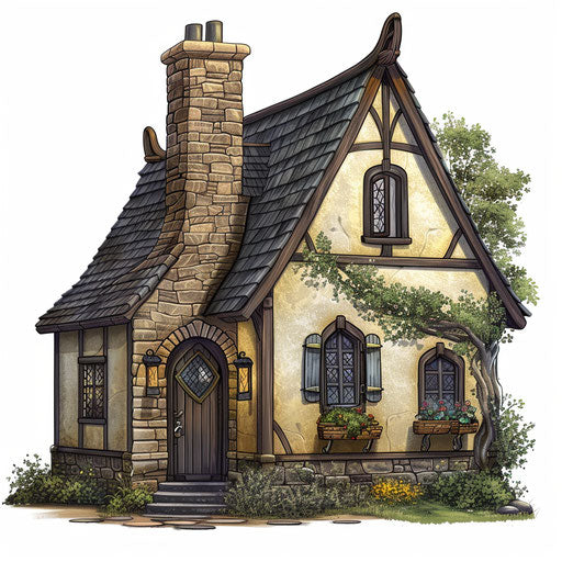 Cottage in realistic style with random flat background