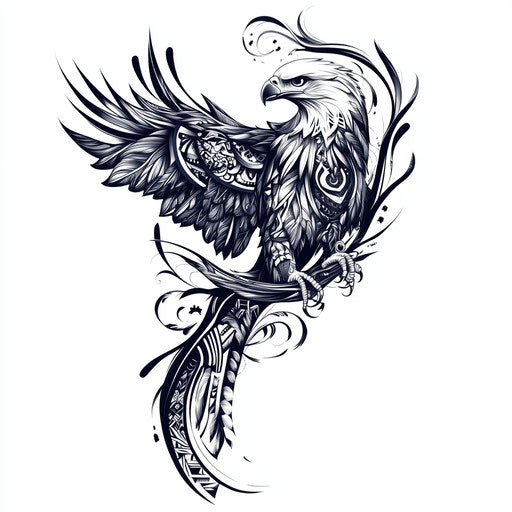 Chest eagle tattoo with tribal patterns on white