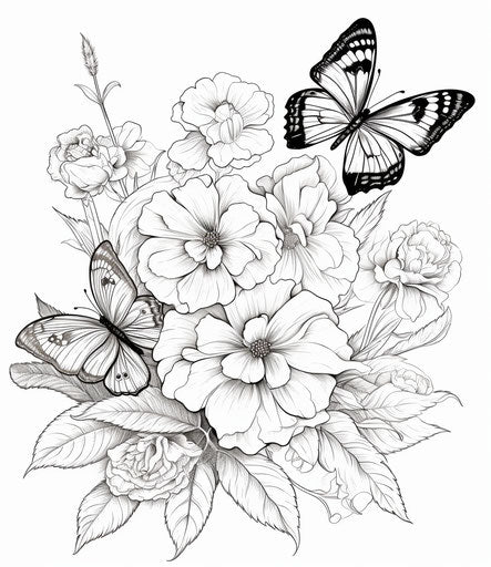 Black and white butterflies and flowers for coloring