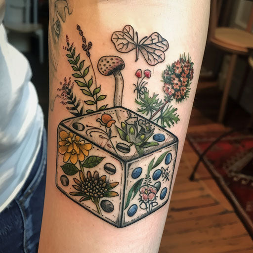 Dice tattoo with botanical details