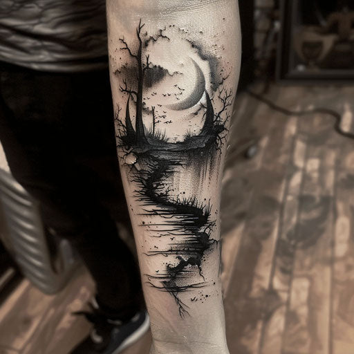 Dark surreal landscape tattoo symbolizing overcoming adversity