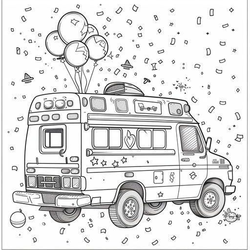 Whimsical ambulance decorated with balloons and confetti for a parade. Coloring book page