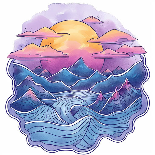 Sunset over mountains in clipart style