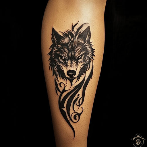 Tribal wolf tattoo in the style of Gerald Brom with a dark gothic wolf and twisted shadows