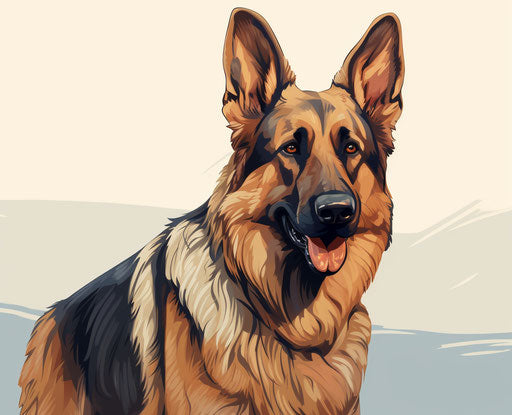 German shepherd dog breed pictures, dark indigo and light amber colors, flat shading, naive drawing