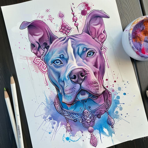 Mystical pitbull tattoo design with pastel symbols on white