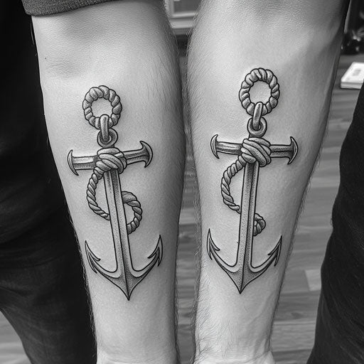 Father and son tattoos with matching anchors wrapped in ropes