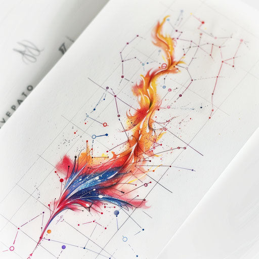 Astronomical fire tattoo, blazing comet tail on white star chart