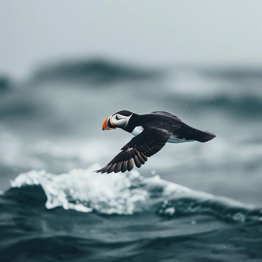 Puffin bird captured mid-flight over the ocean