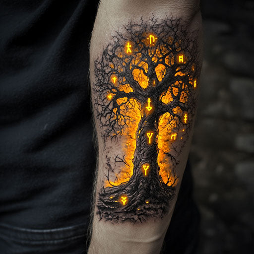 Tree tattoos for men featuring a tree with glowing runes etched into its trunk, in the style of Steve McNiven