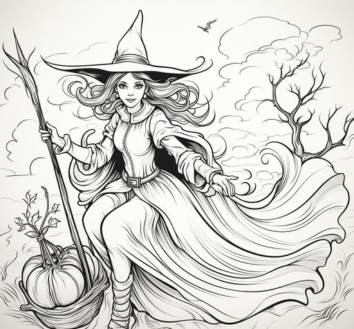 Witch riding on a broom, captivating style, stencils, line drawings