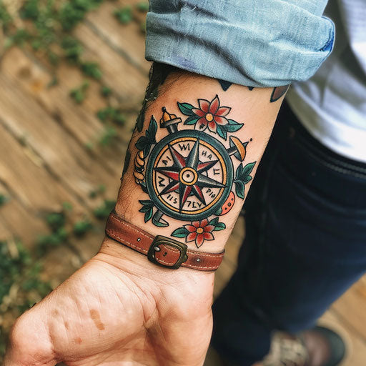 Men's wrist tattoos featuring nautical compass Sailor Jerry style