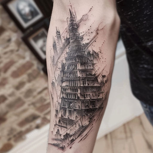 Tower of Babel reaching sky in black and white