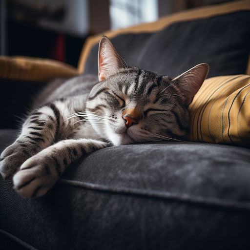 An american short-haired cat sleeps on a couch