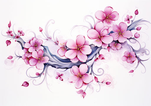 Pink flowers on white background, arabesque style, cherry blossoms