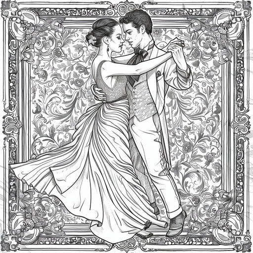 Intricate pattern of couple dancing tango, detailed backgrounds.