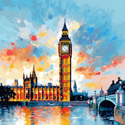 Big Ben illustration in the style of Impressionistic Art, on white background