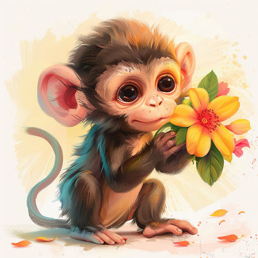 Adorable monkey playing with colorful flowers